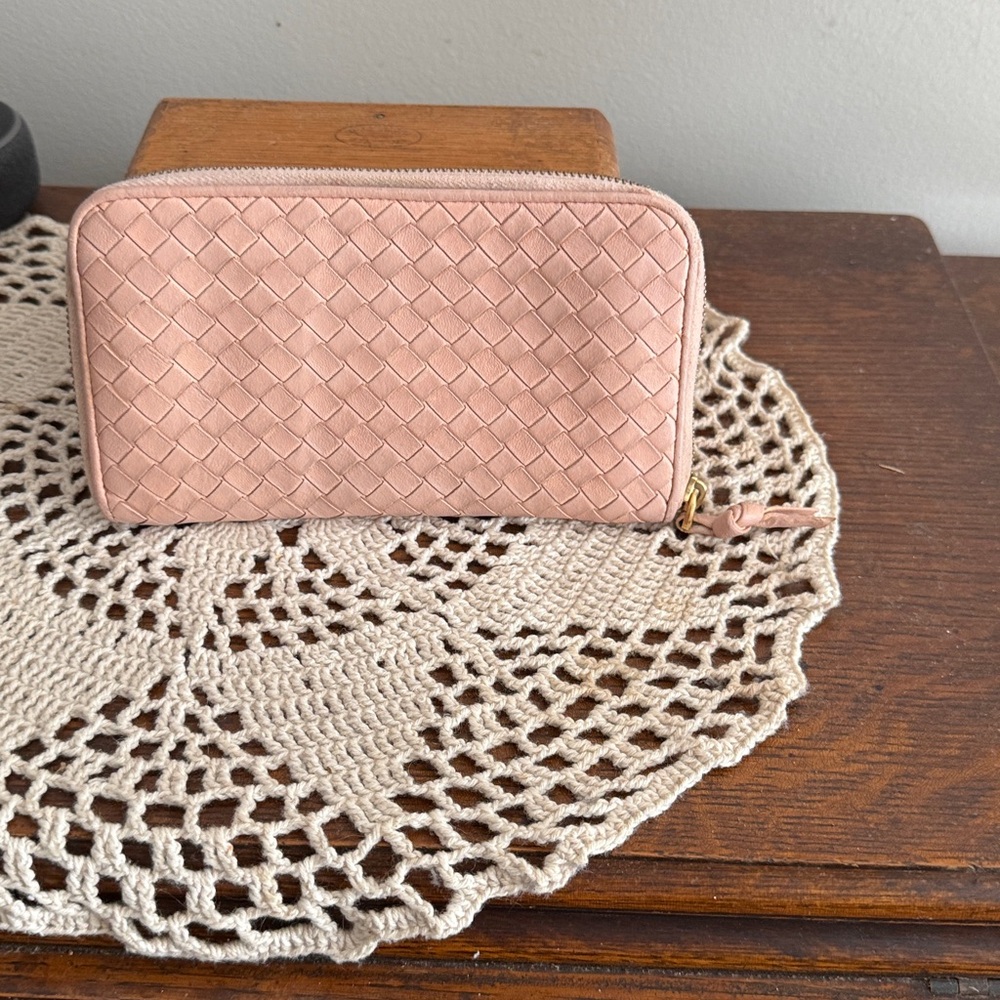 Bottega Pink Woven Zip Wallet